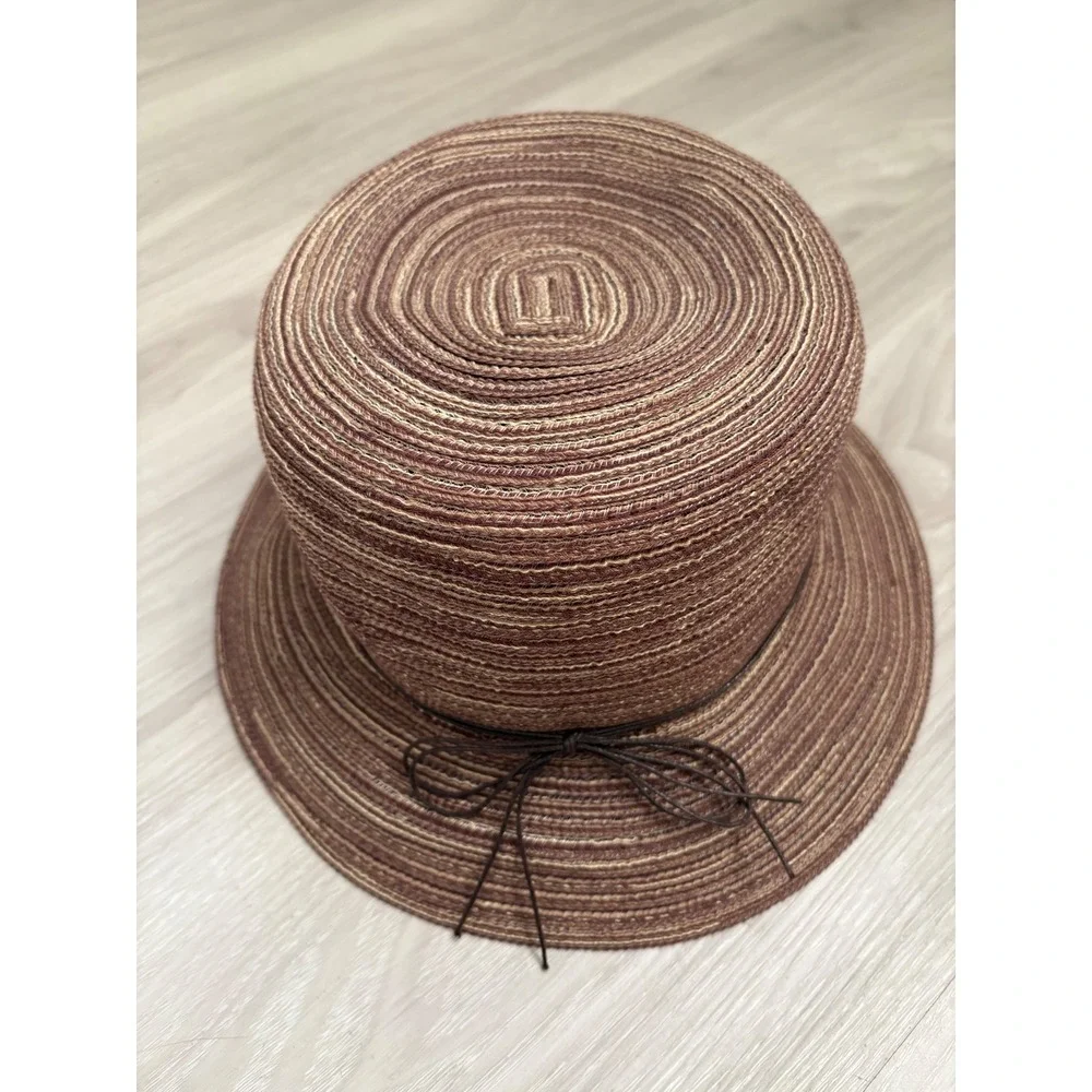 Croft & Barrow Hat Womens Brown Striped Woven Straw Sun Hat Wood Beads Cloche